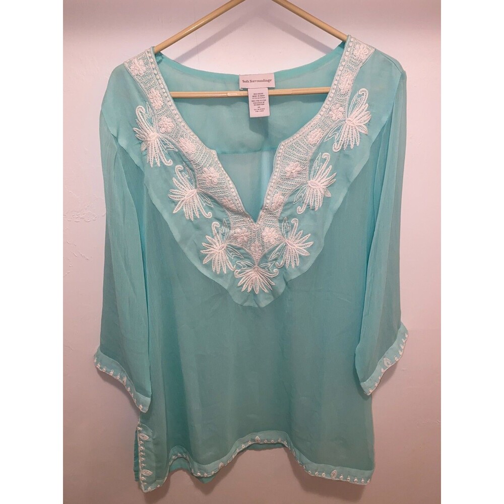 Soft Surroundings Tamara Floral Embroidered Tunic Green Size XL